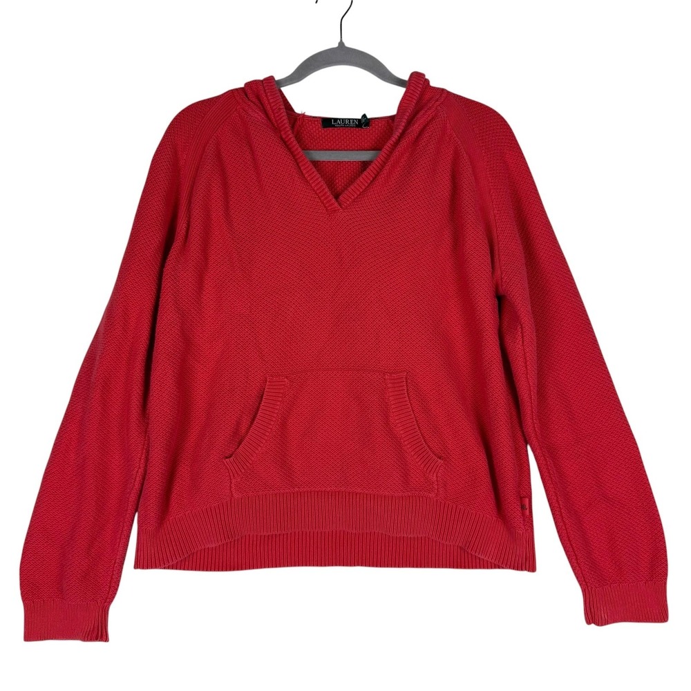Lauren Ralph Lauren Sweater Womens Large Red Hooded V Neck Waffle Knit Pullover